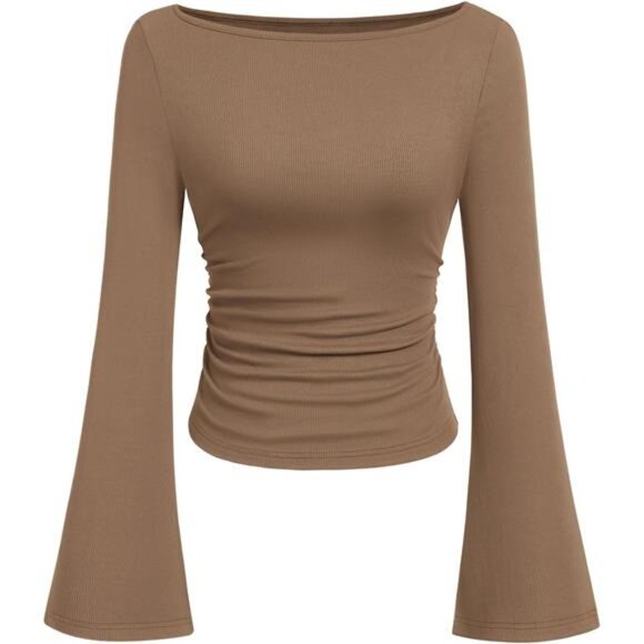 Women's Long Sleeve Shirts Crop Tops Brown - Picture 1 of 6
